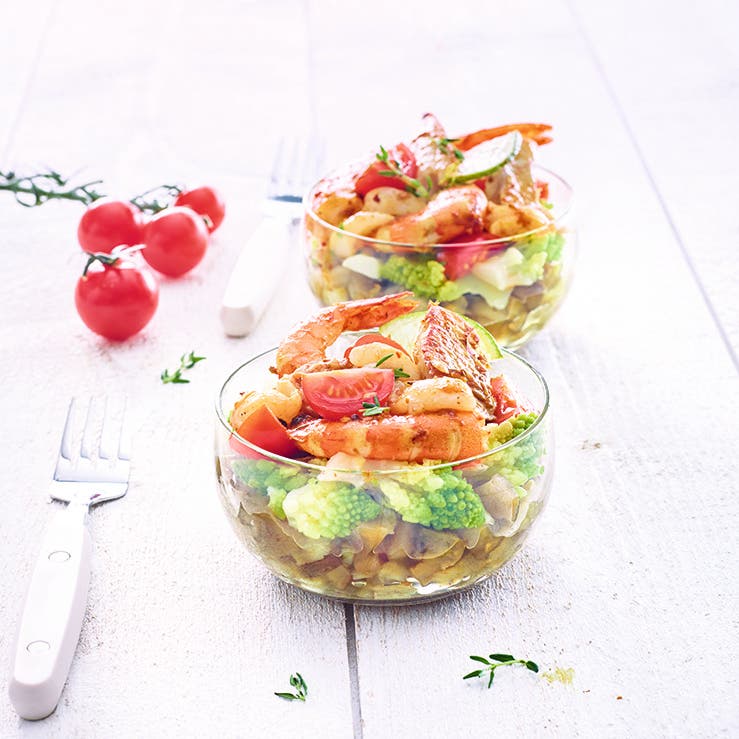 Aubergines confites et garniture de fruits de mer