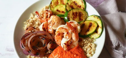 Cauliflower Rice Bowl with Grilled Shrimp & Romesco