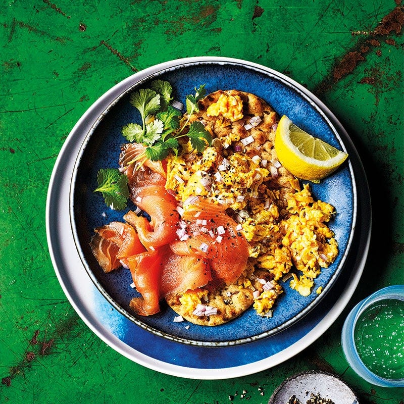 Cumin-spiced scrambled eggs with smoked salmon