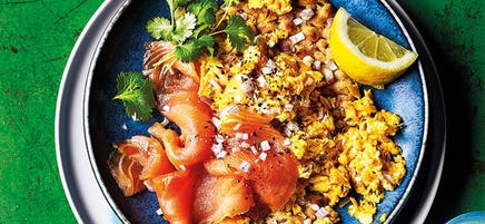 Cumin-spiced scrambled eggs with smoked salmon