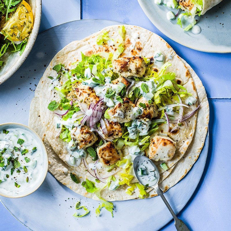 Greek chicken souvlaki wrap