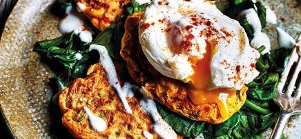 Spiced corn fritters with spinach and poached eggs