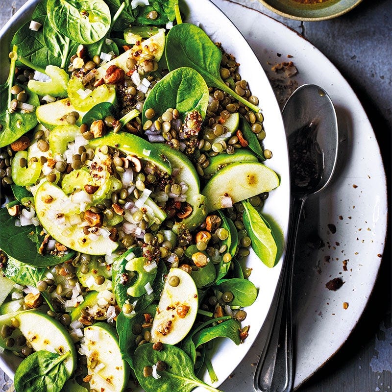 Lentil, apple and spinach salad with hazelnuts