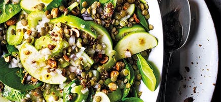 Lentil, apple and spinach salad with hazelnuts
