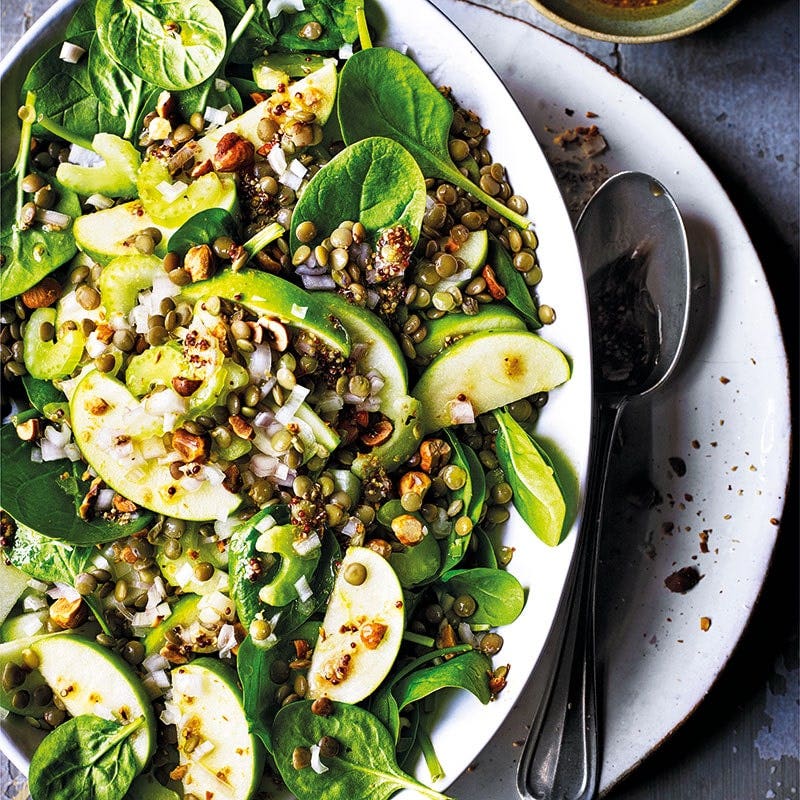 Lentil, apple and spinach salad with hazelnuts