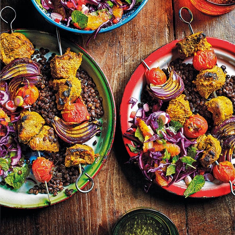 Lamb tikka kebabs with spicy coleslaw