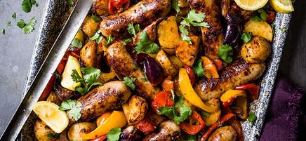 Harissa sausage tray bake