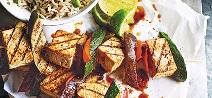 Tofu kebabs and rice salad