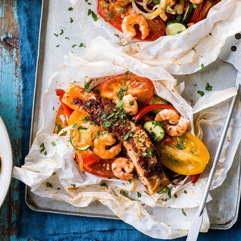 Harissa salmon & prawn parcels