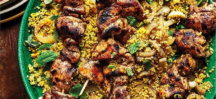 Sumac chicken kebabs with herby couscous