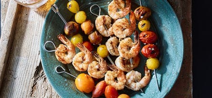 Prawn kebabs with onion and jalapeno relish