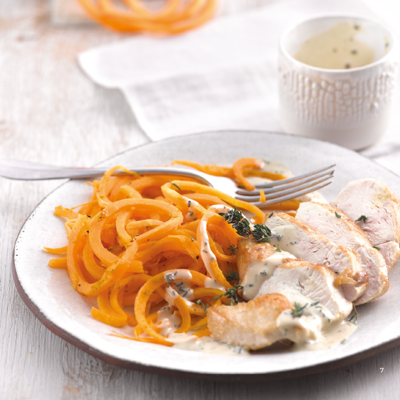 Spirales de courge et blancs de poulet