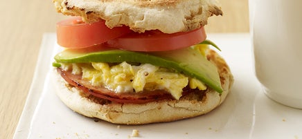 Egg and bacon muffin with avocado