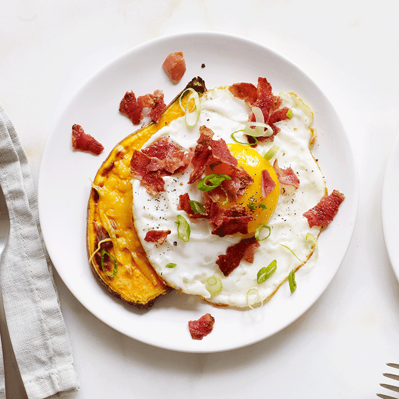 Bacon, egg and cheese sweet potato toast