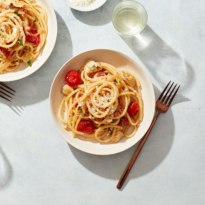 Spicy pancetta and cherry tomato pasta