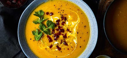 Creamy pumpkin soup with a chorizo crumb