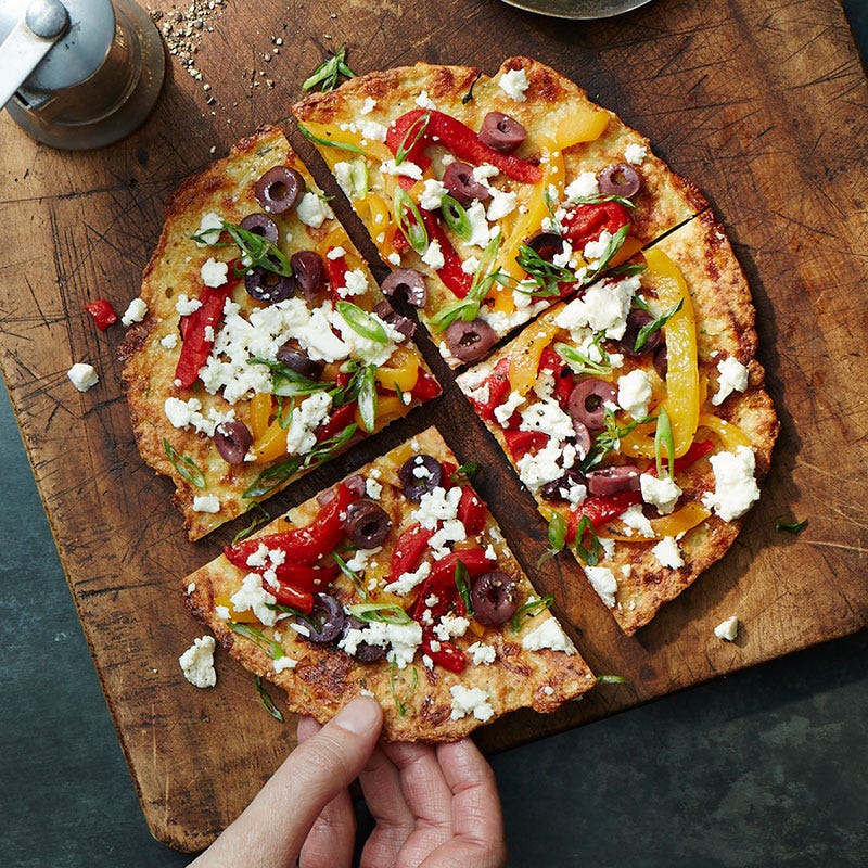 Cauliflower crust pizza with feta, capsicum and olives