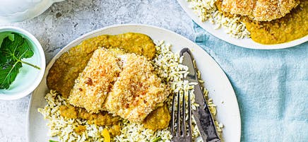 Katsu fish with rice & shredded salad