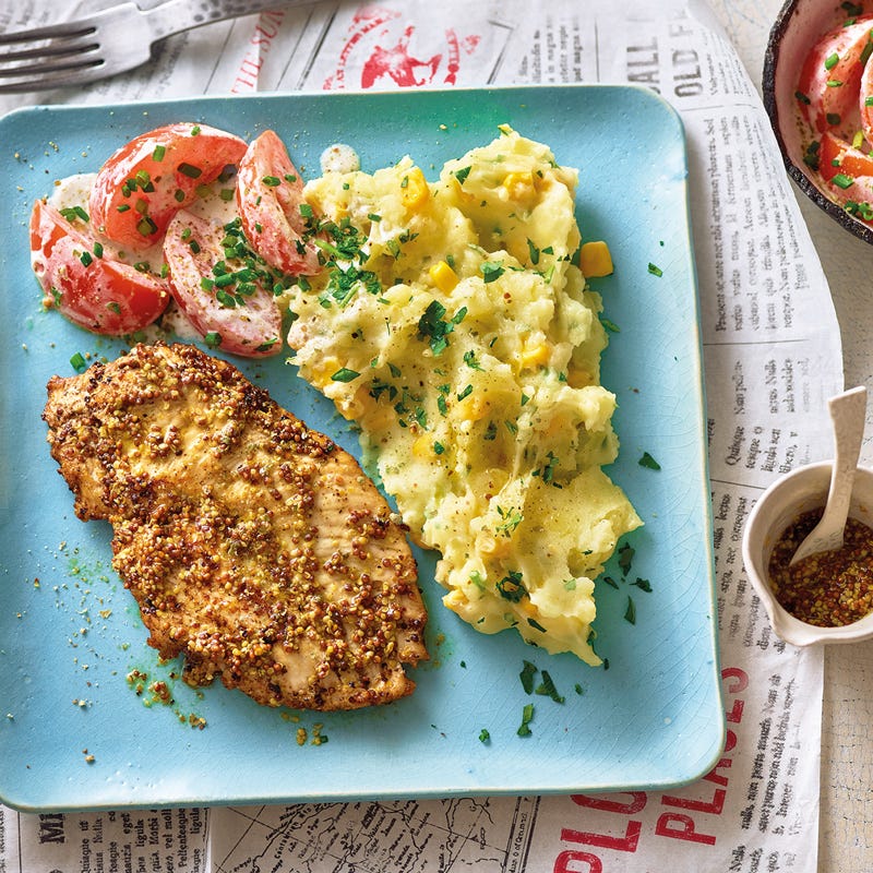 Senfhähnchen mit Mais-Kartoffel-Stampf