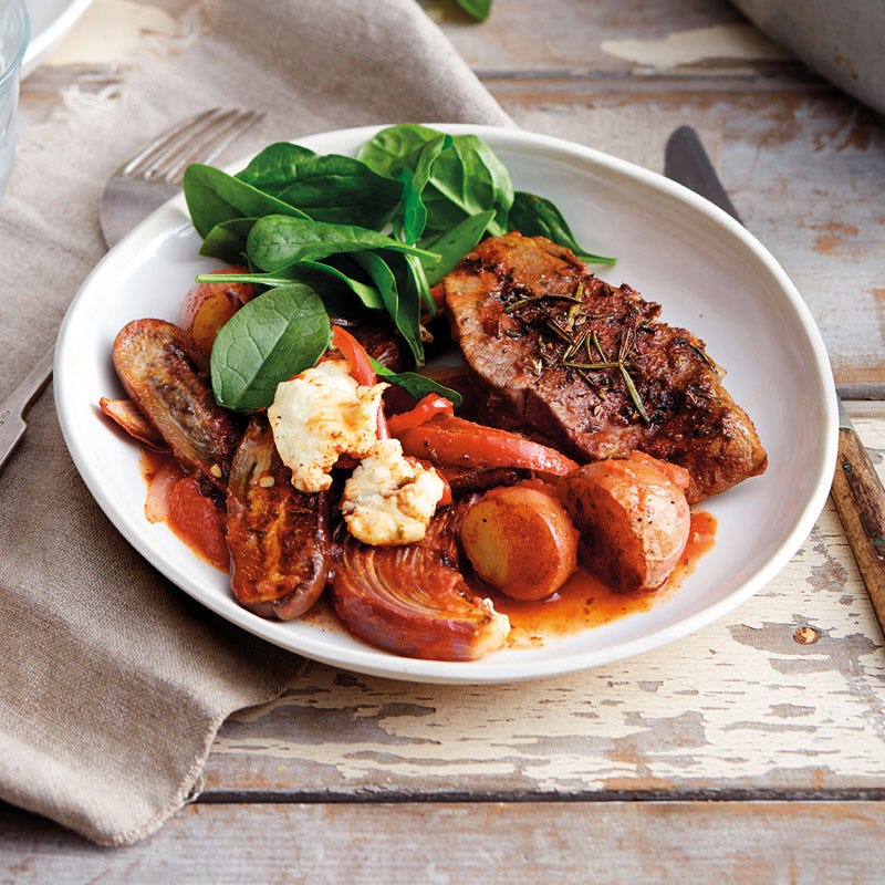 Gebackene Lammlachse mit Ofengemüse