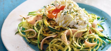 Zucchininudeln mit Geflügel und Ei