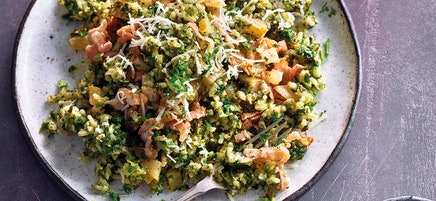 Grünkohlrisotto mit Birne und Bacon