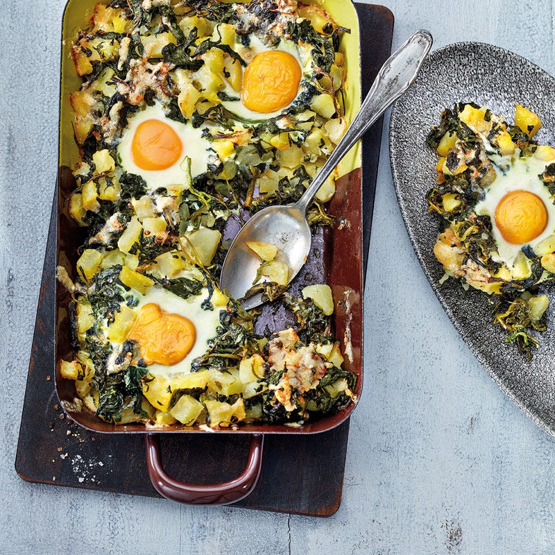 Kartoffel-Spinat-Gratin mit Spiegelei