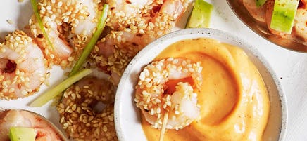 Sesame crusted prawns with Sriracha dip