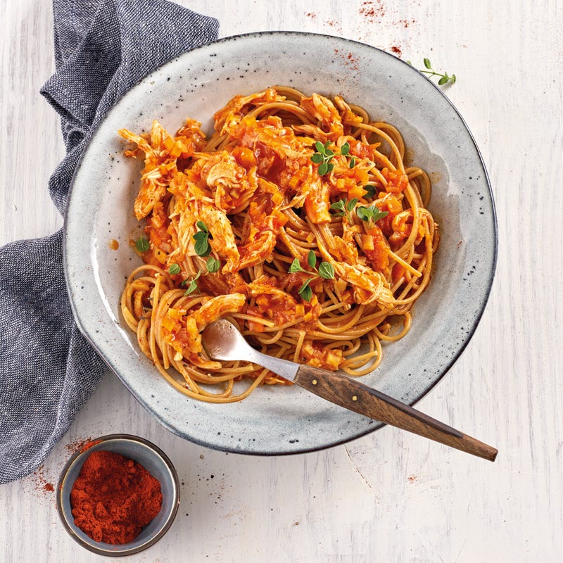 Spaghetti mit Pulled-Chicken-Sauce