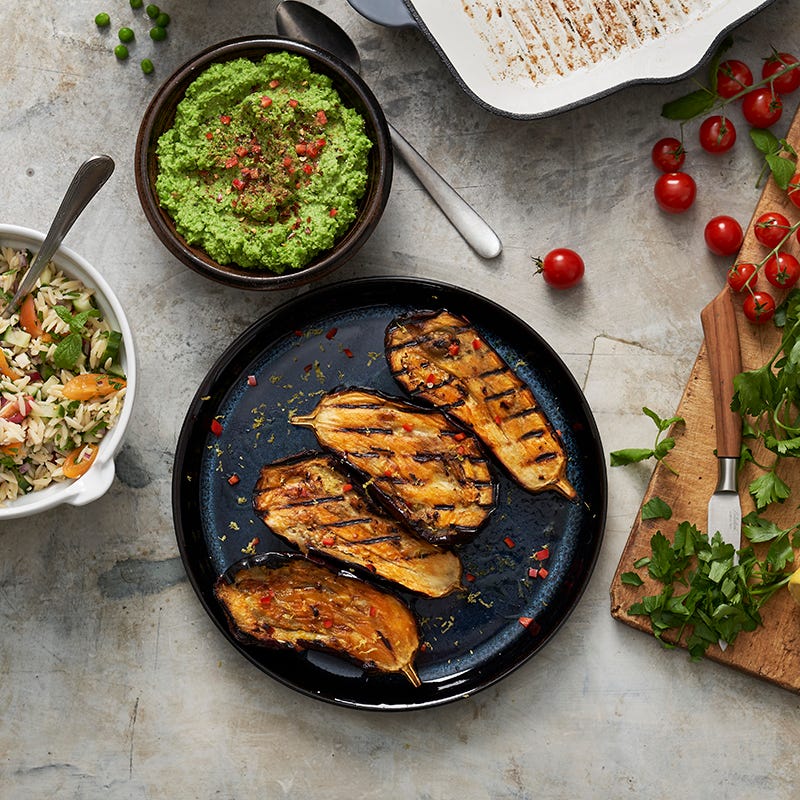 ViktVäktarna - Grillad aubergine med risonitabbouleh och grön ärthummus