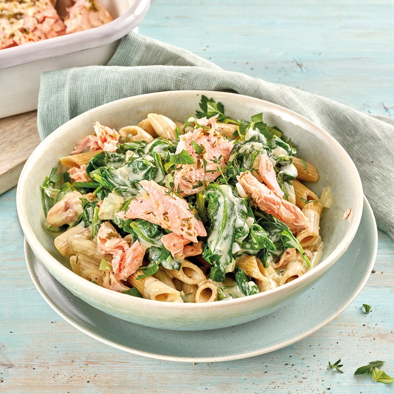 Penne mit Lachs-Spinat-Sauce