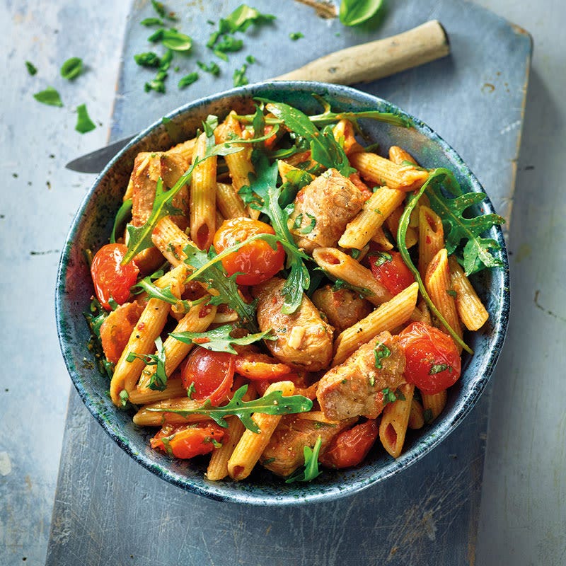 Tomaten-Rucola-Pasta mit Schweinefilet