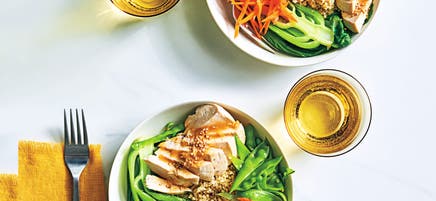 Chicken pak choi bowls with miso dressing