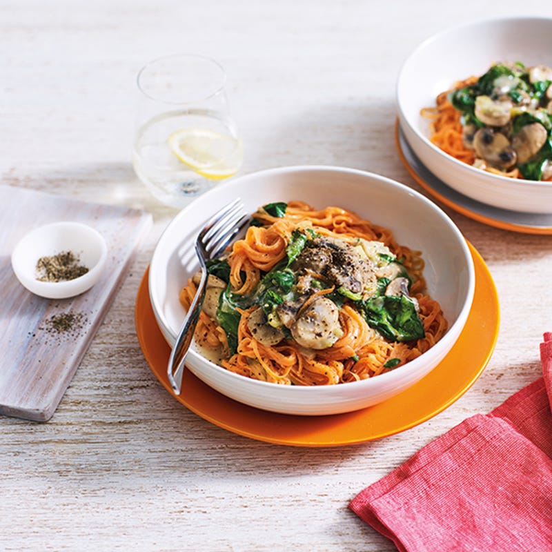 Foto van Zoete-aardappelnoedels met champignons en spinazie door WW