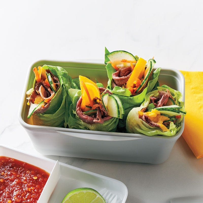 Beef, mango and cucumber wraps