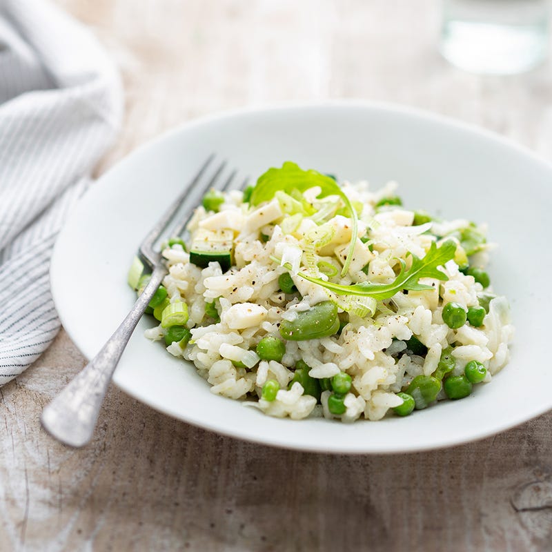 Photo de/du Risotto aux petits pois, fèves à la mozzarella par WW
