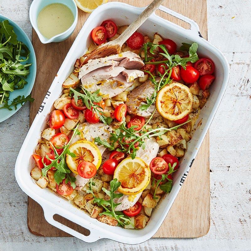 Tuna, herb and lemon traybake