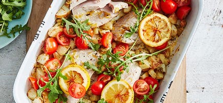 Tuna, herb and lemon tray bake