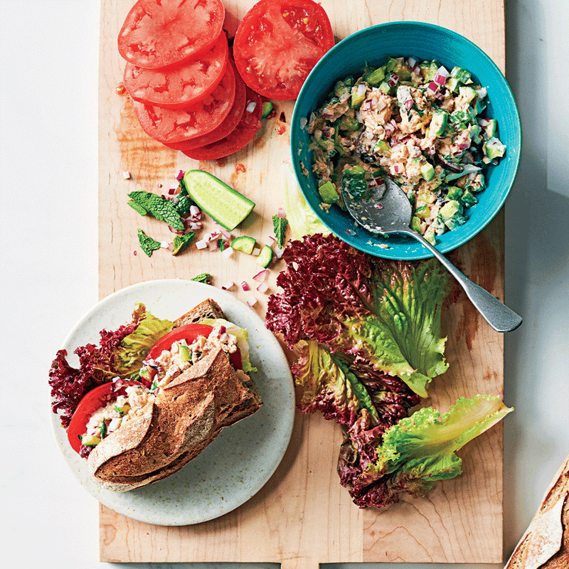 Salmon, mint and cucumber baguettes