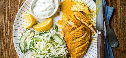 Spiced roast chicken with cool coconut yogurt slaw