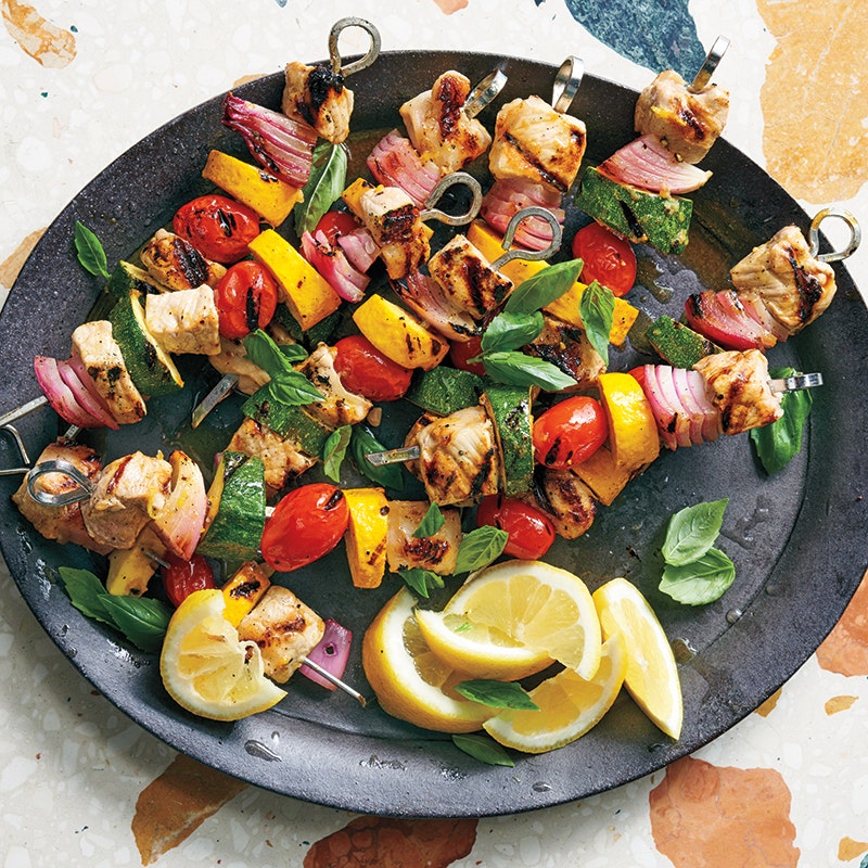Lemon-basil pork and vegetable kebabs