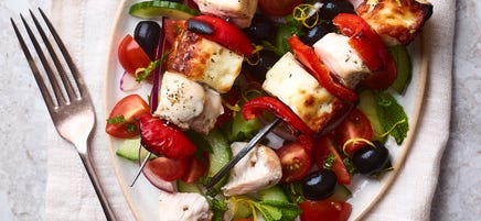 Chicken & halloumi skewers with Greek salad