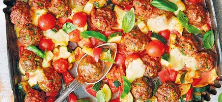 Meatball, tomato & mozzarella traybake