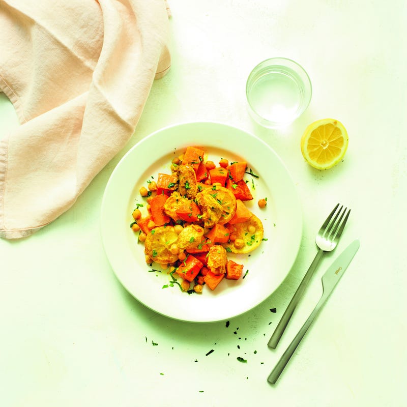 Poulet au curry et patates douces au four