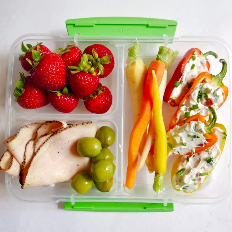 Photo of Bacon Pepper Poppers Snack Lunch (with Peppers, Carrots, Olives, Strawberries, and Chicken Breast) by WW