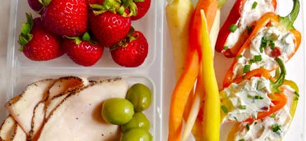 Bacon Pepper Poppers Snack Lunch (with Peppers, Carrots, Olives, Strawberries, and Chicken Breast)