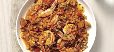 Chicken Sausage, Shrimp, and Farro Jambalaya
