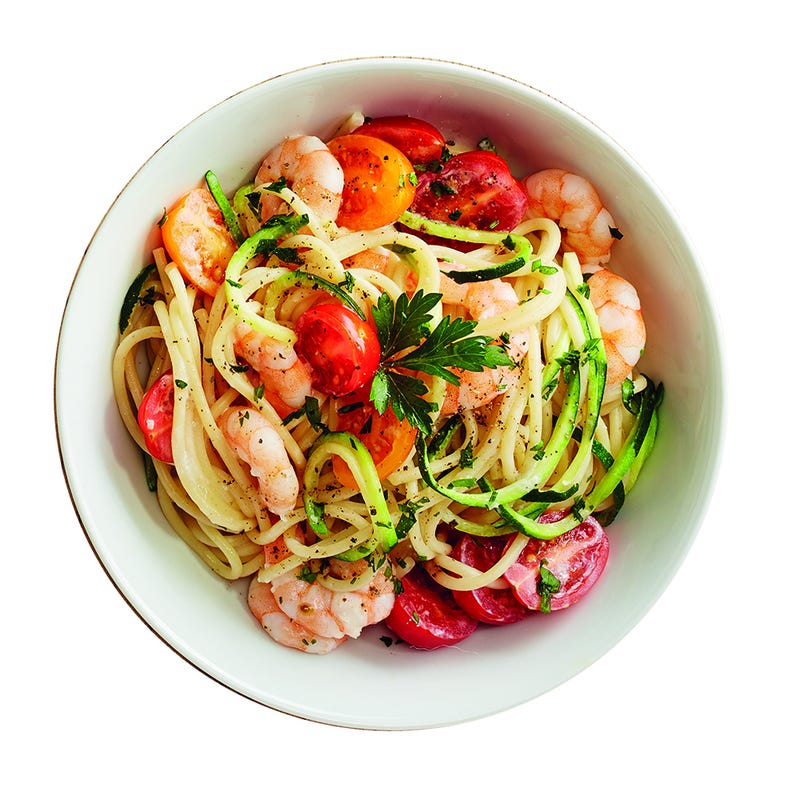 Photo de/du Spaghettis de courgettes, tomates et crevettes par WW