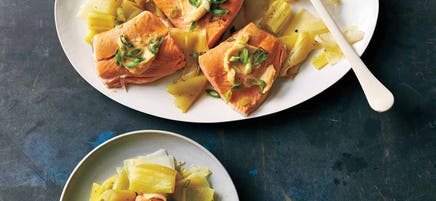 Salmon with melted leeks and miso butter