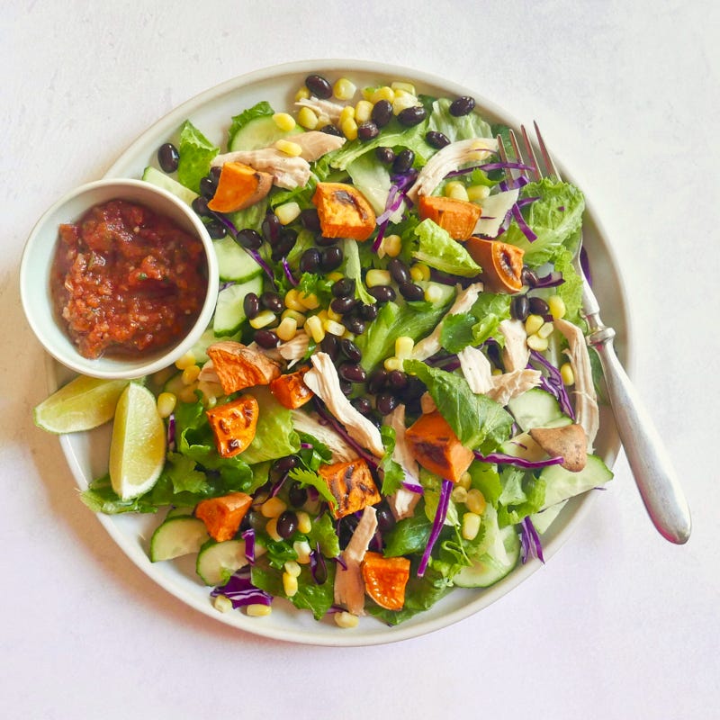 Photo of Southwest chicken salad with roasted sweet potato, corn, and beans by WW